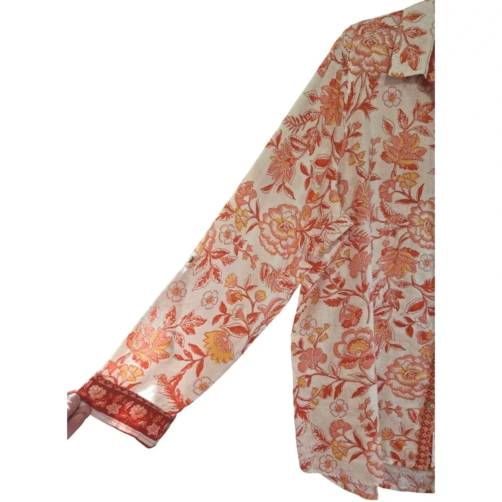 Rachel Zoe Womens XL Orange Floral 100% Linen Button Down Shirt European Flax - Picture 5 of 9
